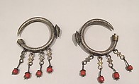 Ear Ornament (Tikhrazin), One of a Pair, Silver, green glass, coral